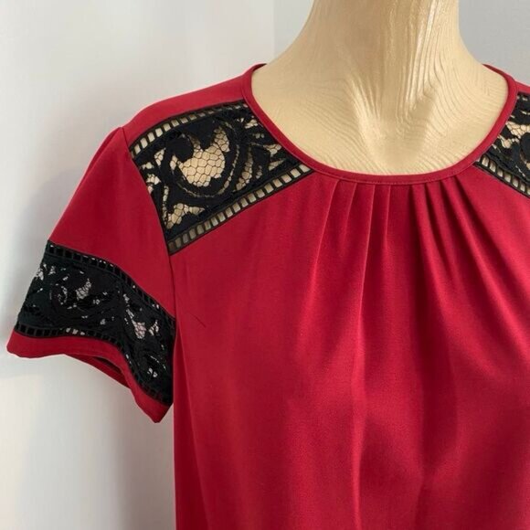 MICHAEL Michael Kors Women's M Red Black Lace Short Sleeve Shift Dress Knee - Picture 9 of 16